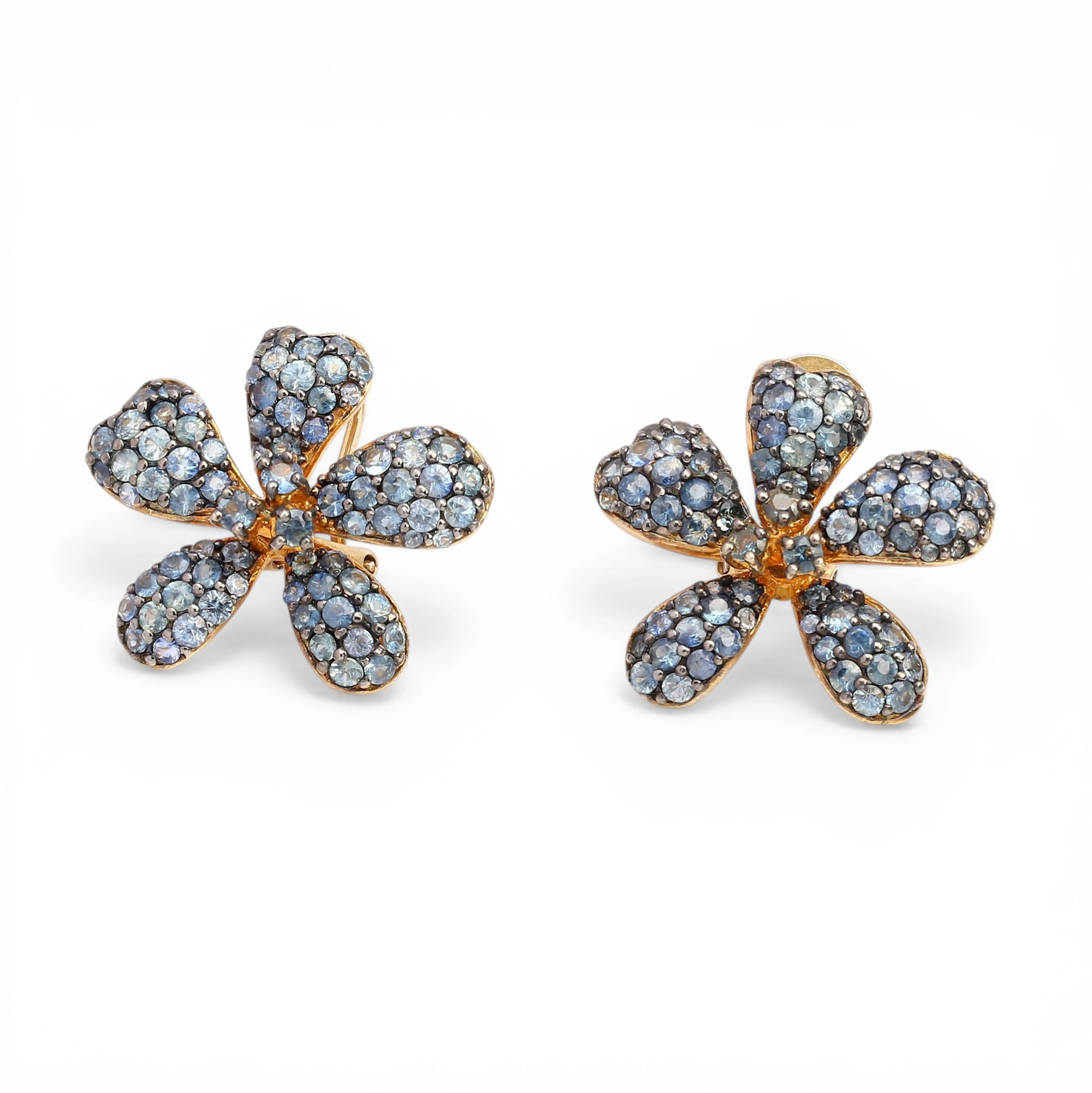Over-gilded silver and sapphires floral earrings.