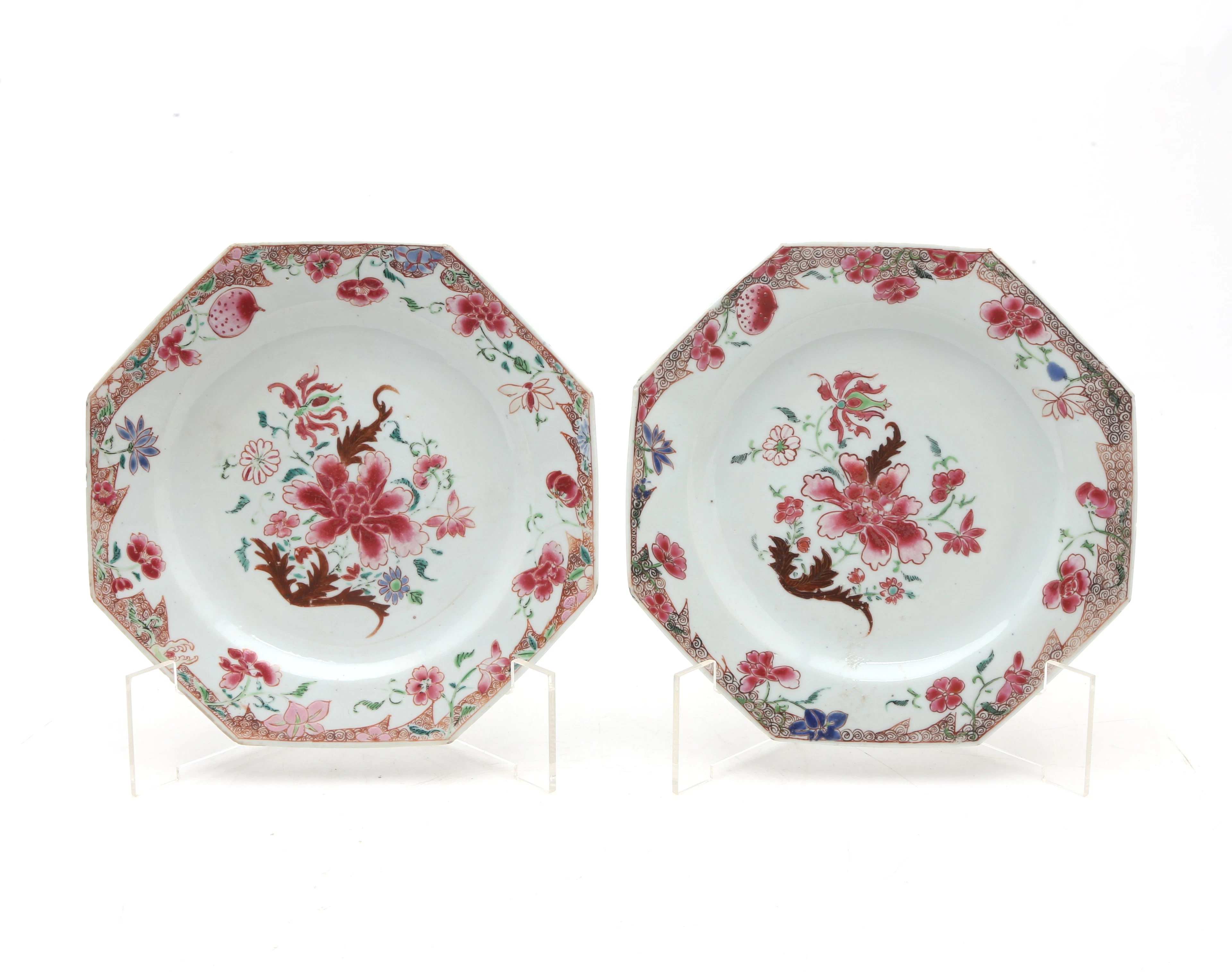 Pair of Chinese Qianlong octagonal famille rose porcelain plates for