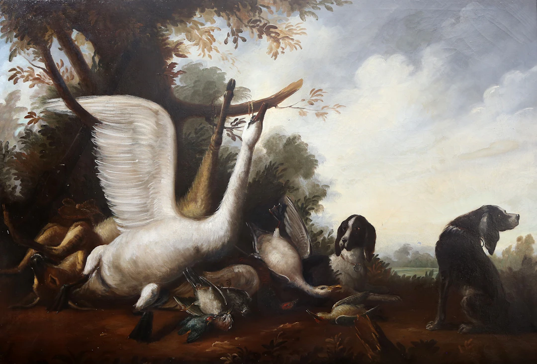PROBABLY SPANISH SCHOOL, EARLY TH CENTURY. Birds and dogs in a landscape.