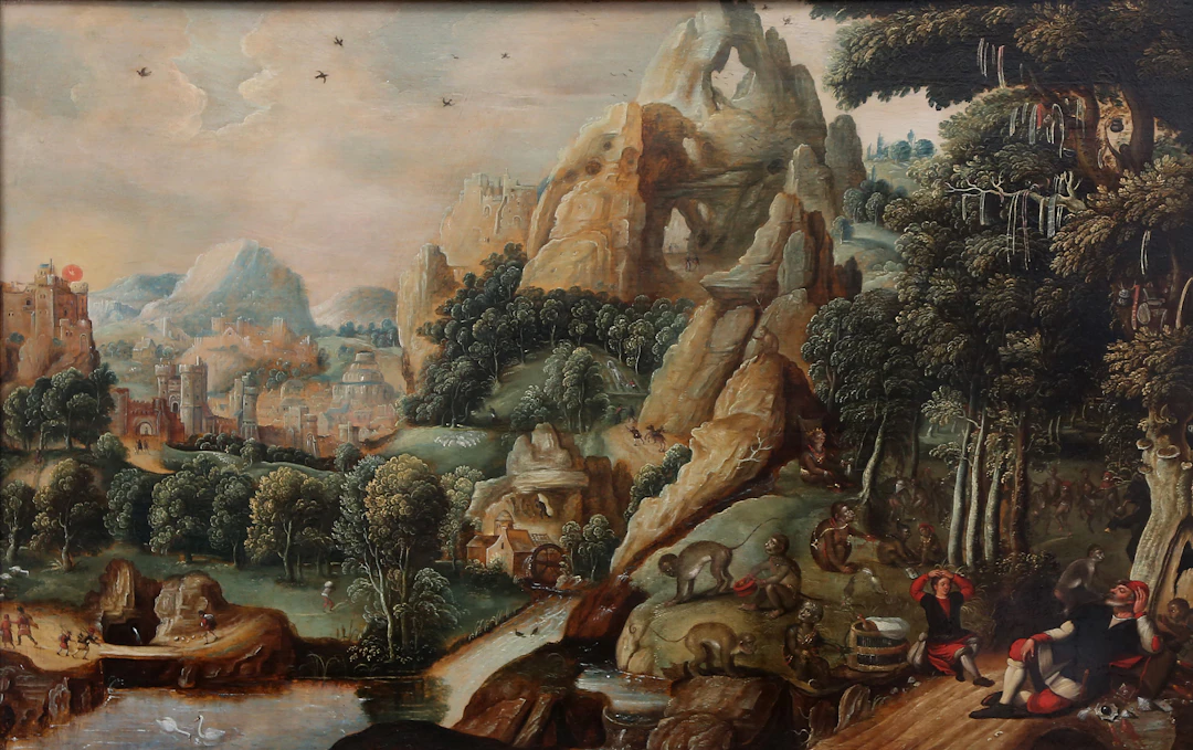 LUCAS GASSEL. ATRIBUIDO. Animated landscape with monkeys and a mythical