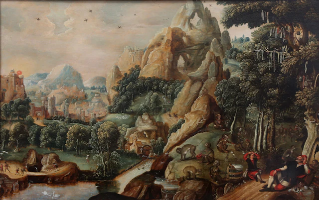 LUCAS GASSEL. ATRIBUIDO. Animated landscape with monkeys and a mythical