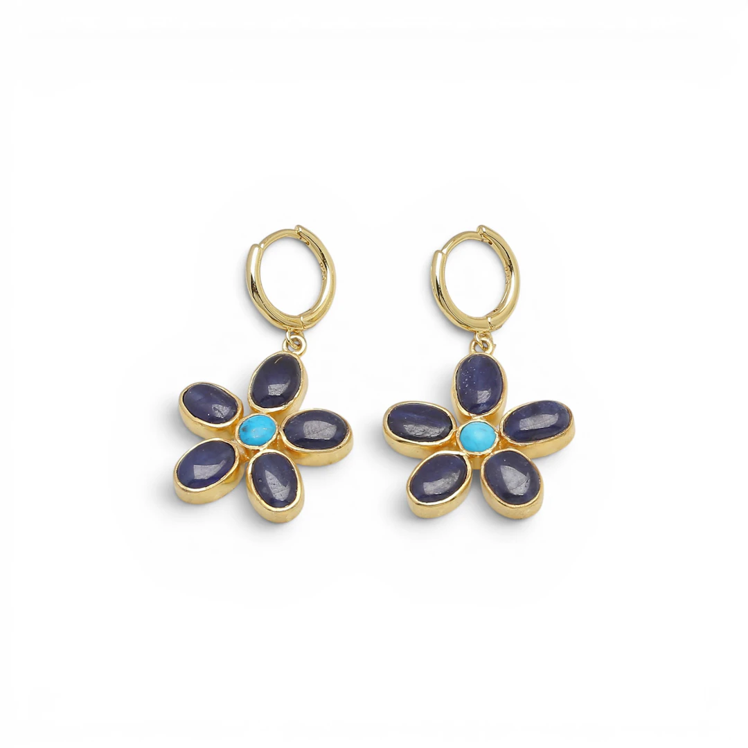 Turquoises and sapphires floral earrings.