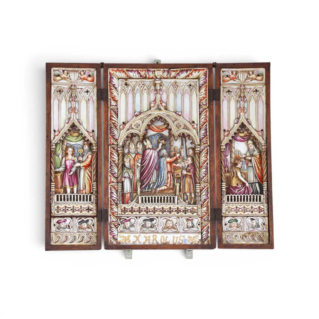 Travel triptych in Capodimonte porcelain, 19th century.