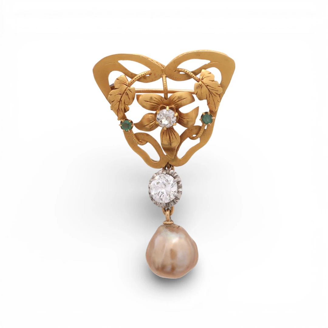 Modernist diamond and baroque pearl brooch, from the early 20th century.