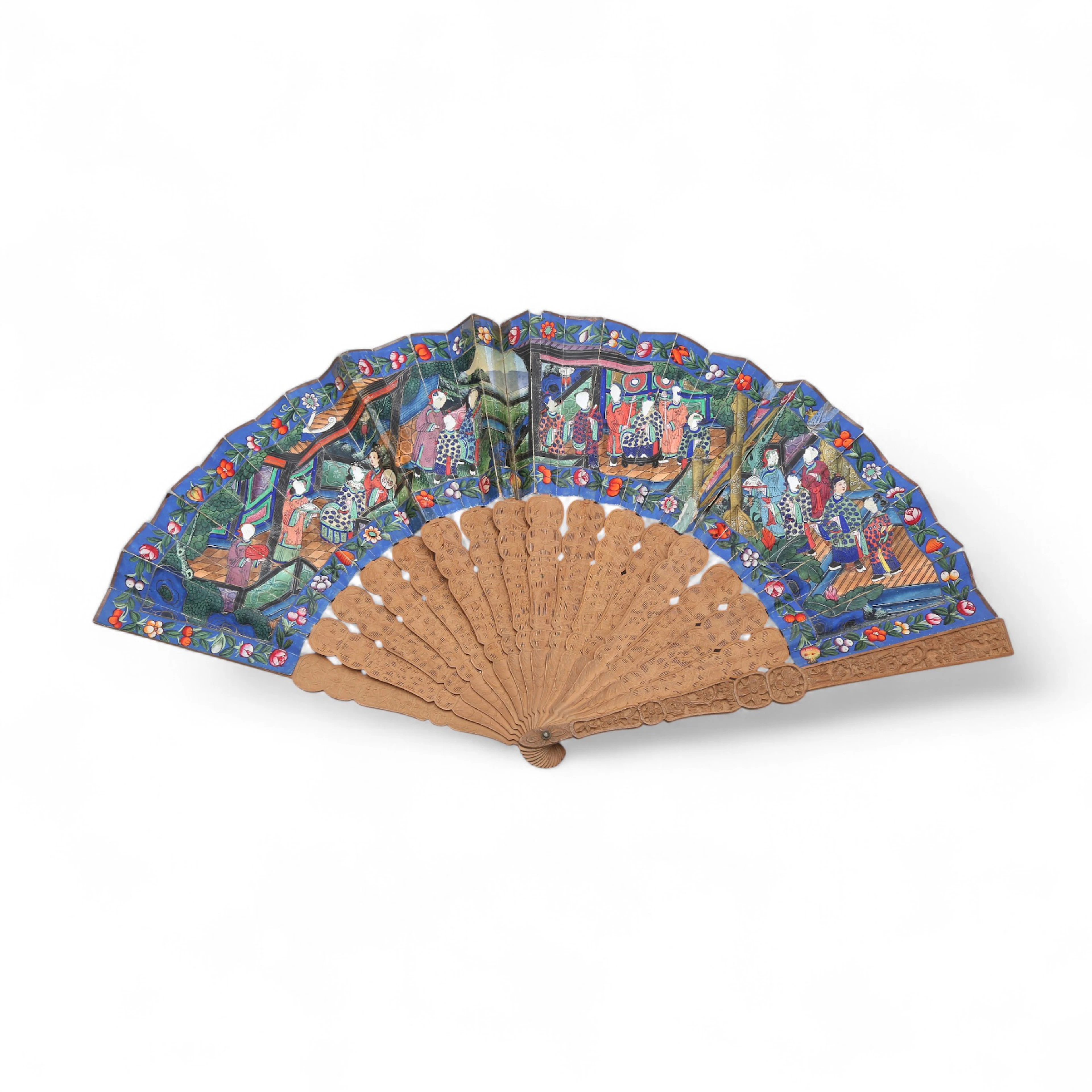 Chinese "thousand faces" fan with painted paper leaf and carved wood