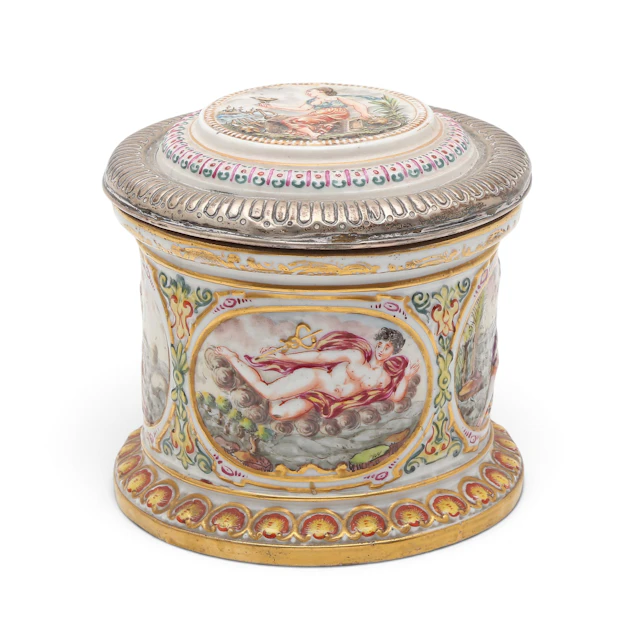 Capodimonte porcelain bonbonnière with silver mounts, 19th century.