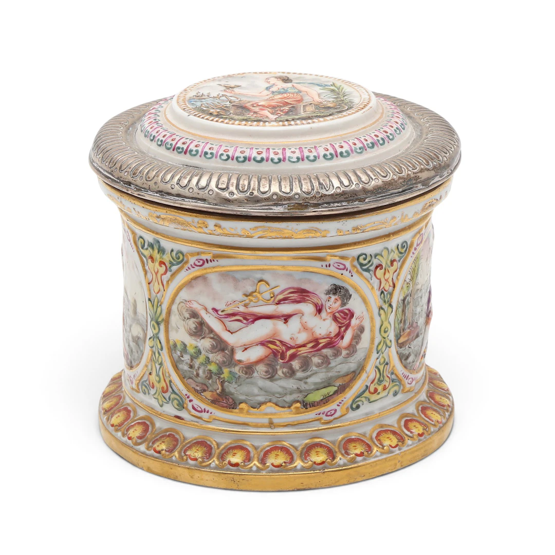Capodimonte porcelain bonbonnière with silver mounts, 19th century.