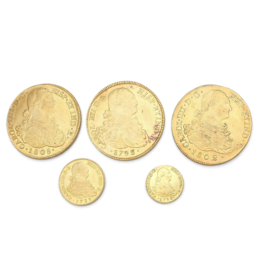 FIVE Spanish gold coins, 18th and 19th centuries.