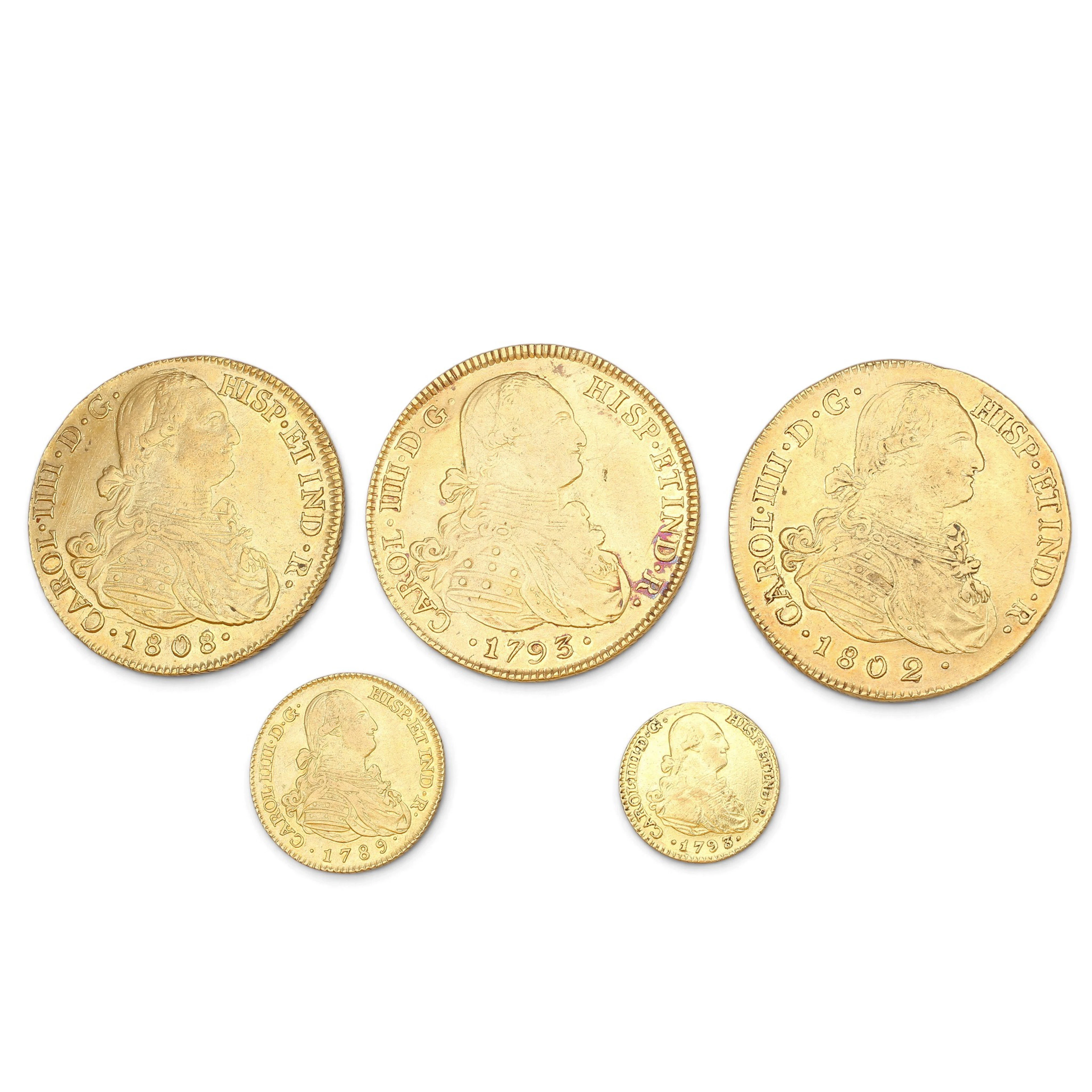 FIVE Spanish gold coins, 18th and 19th centuries.