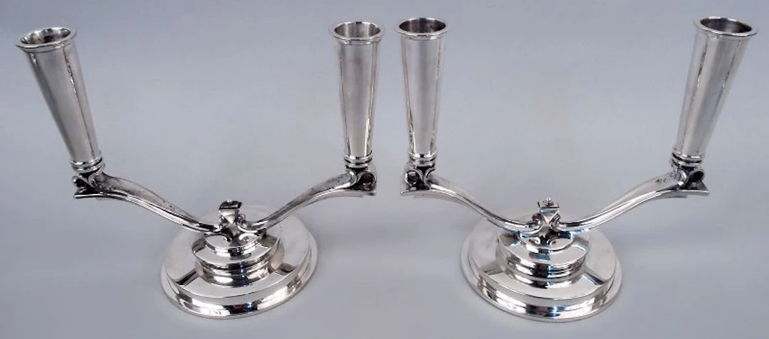 Pair of Georg Jensen Pyramid Danish Sterling Silver 2-Light Candelabra