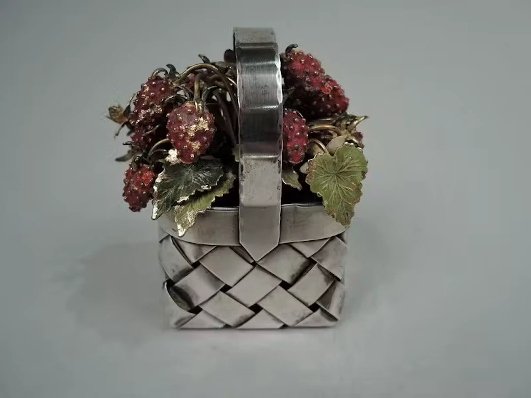 Cartier Country Chic Sterling Silver Basket with Enameled Strawberries