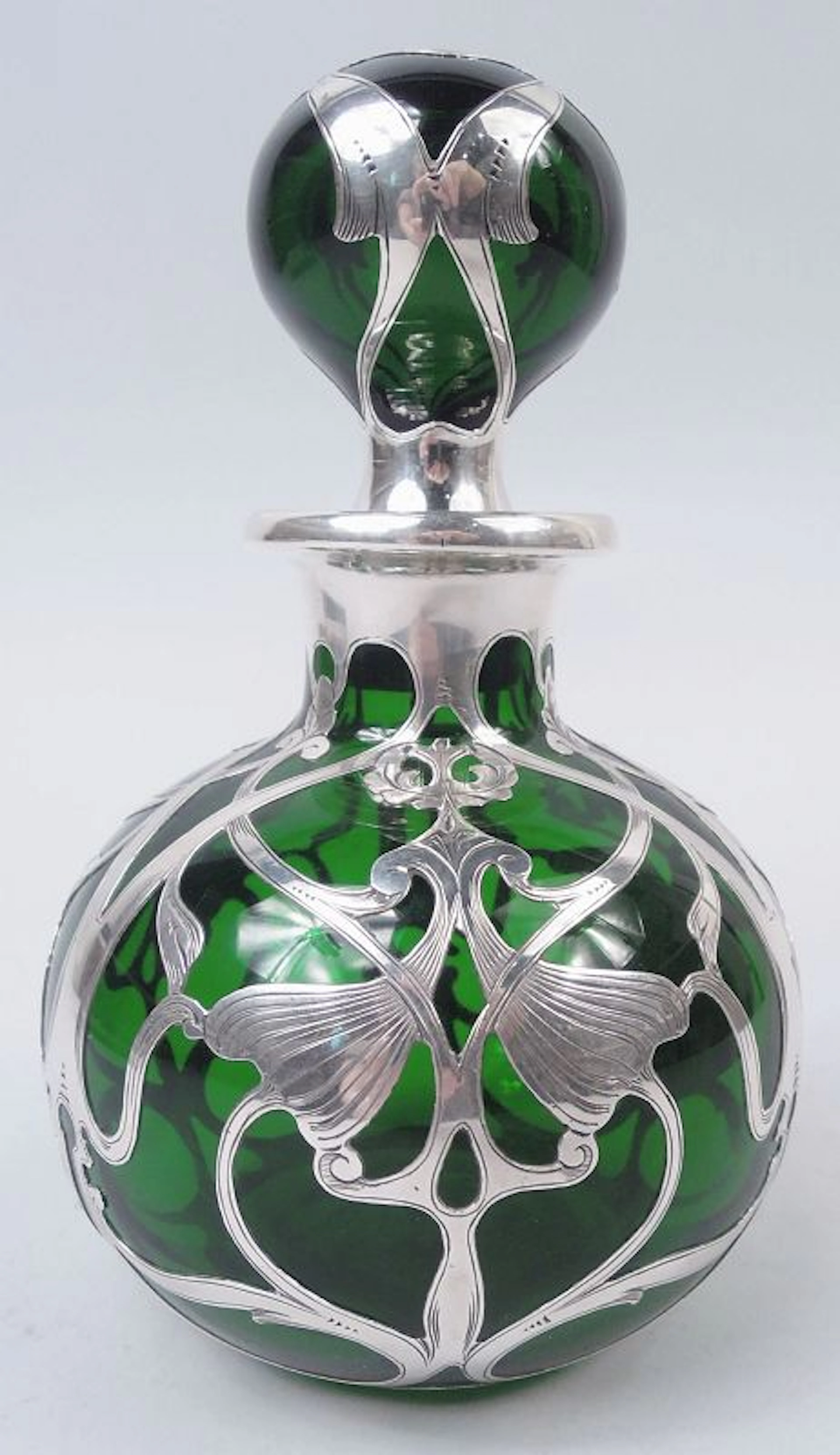 Large Gorham Art Nouveau Green Silver Overlay Cologne
