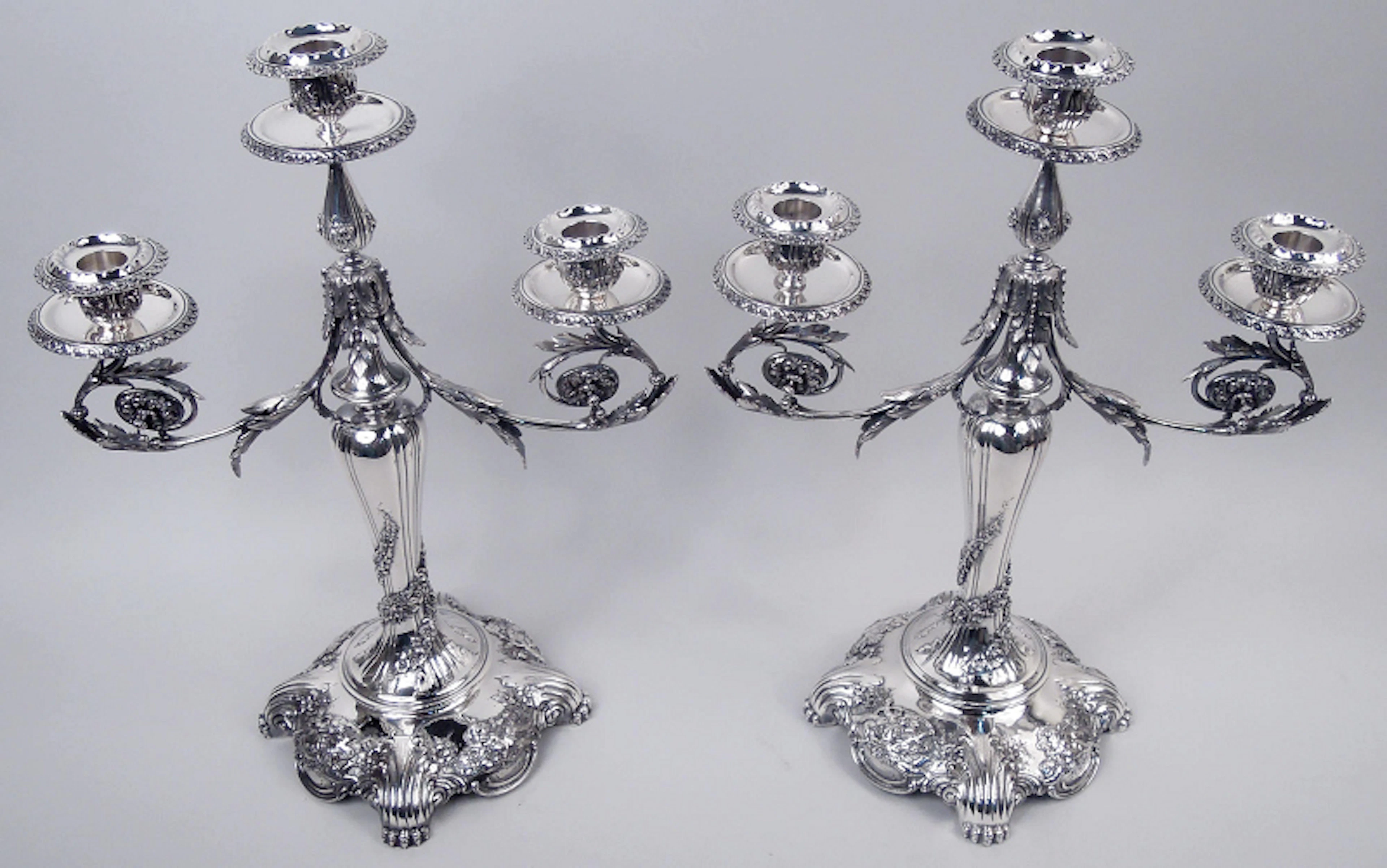 Pair of Antique Tiffany Victorian Rococo 3-Light Candelabra