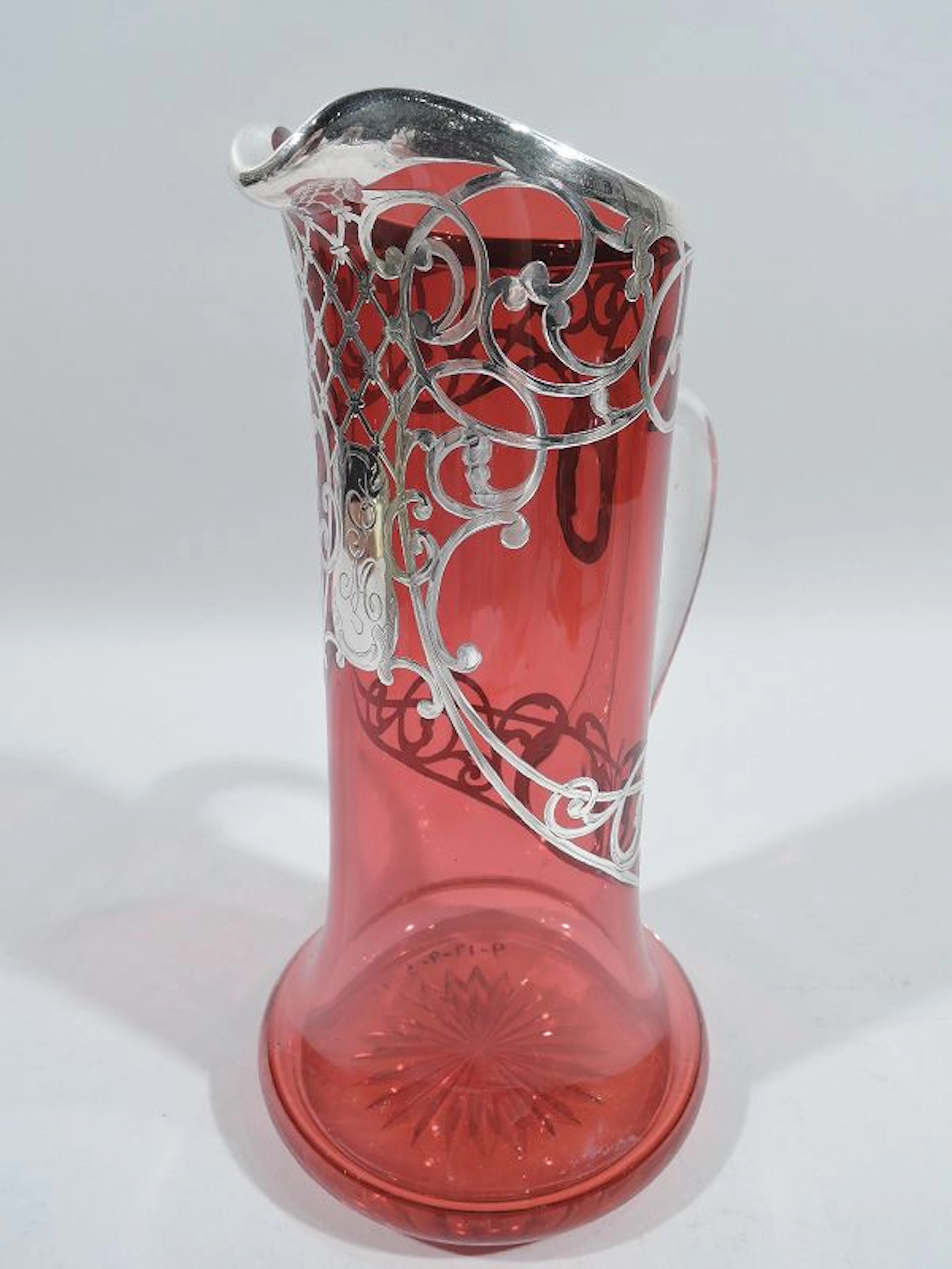 American Art Nouveau Red Silver Overlay Claret Jug