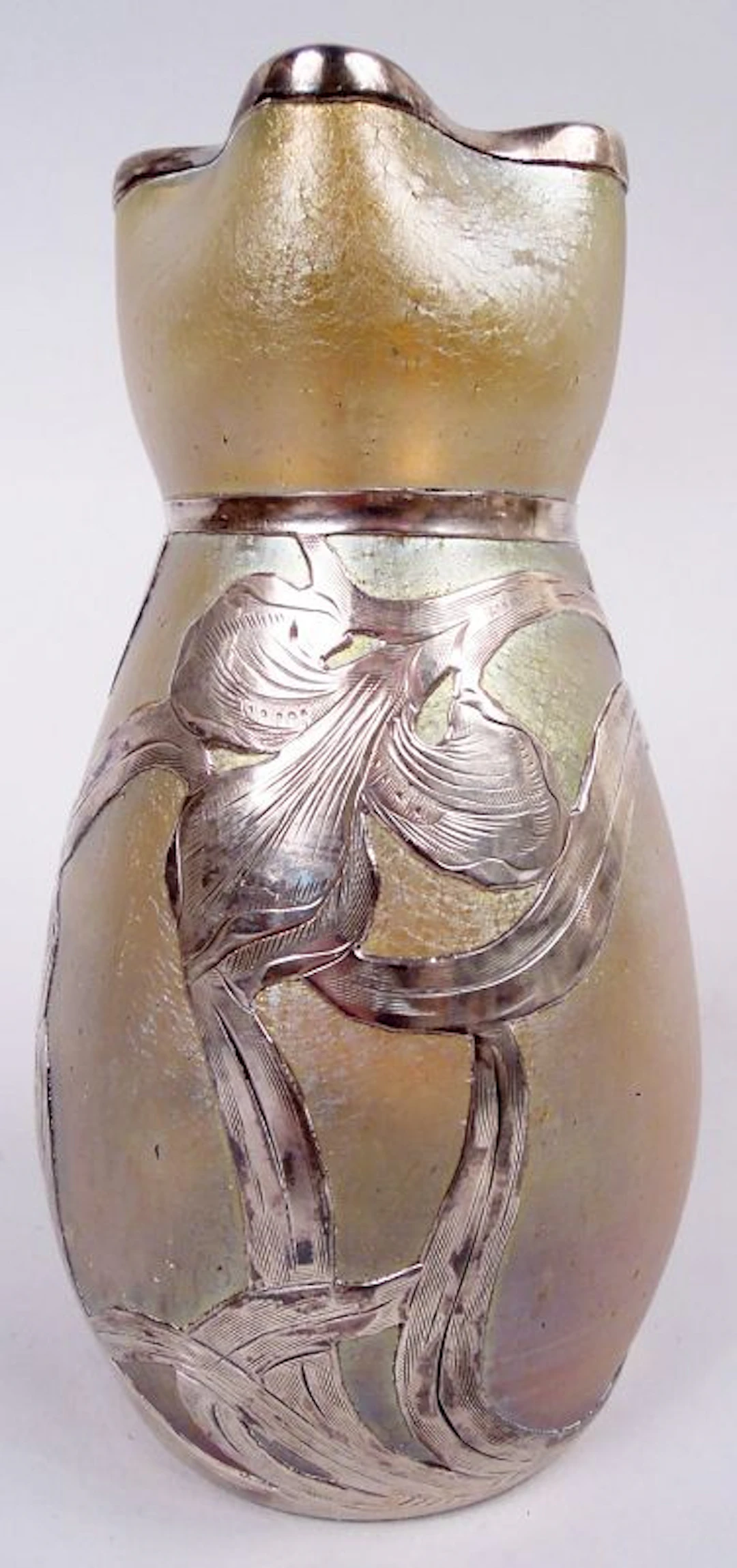 Loetz Art Nouveau Iridescent Vase with Alvin Silver Overlay