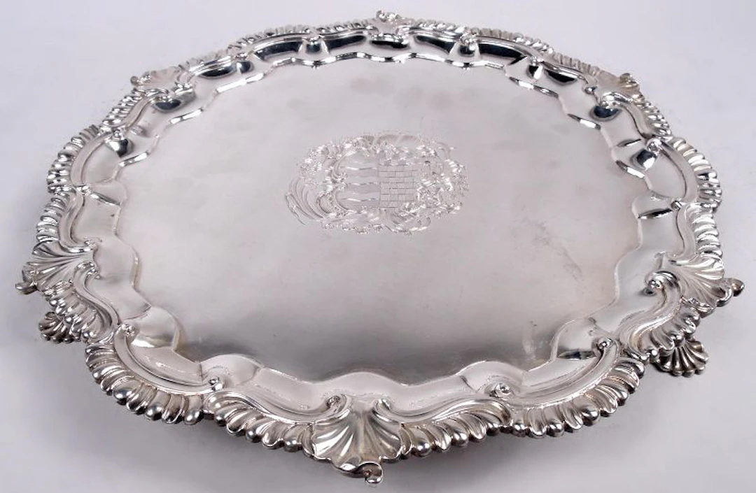 Antique English Georgian Sterling Silver Armorial Salver 1742