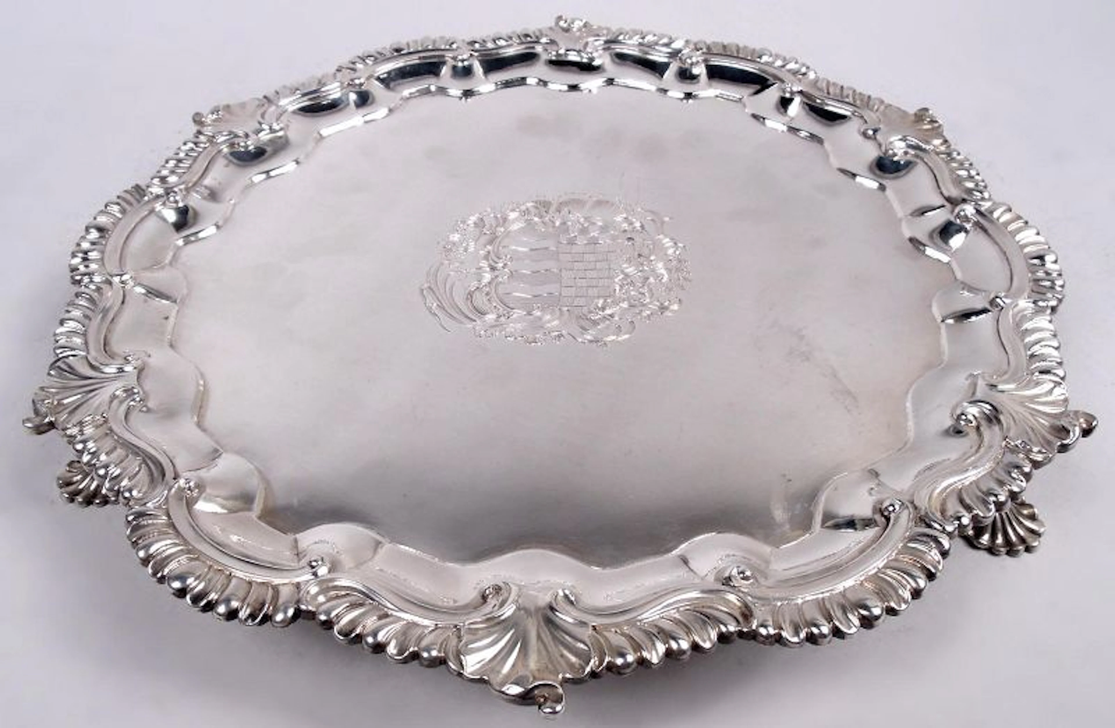Antique English Georgian Sterling Silver Armorial Salver 1742