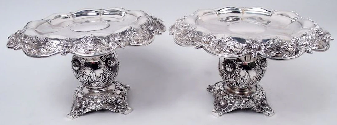 Pair of Antique Tiffany Chrysanthemum Sterling Silver Compotes