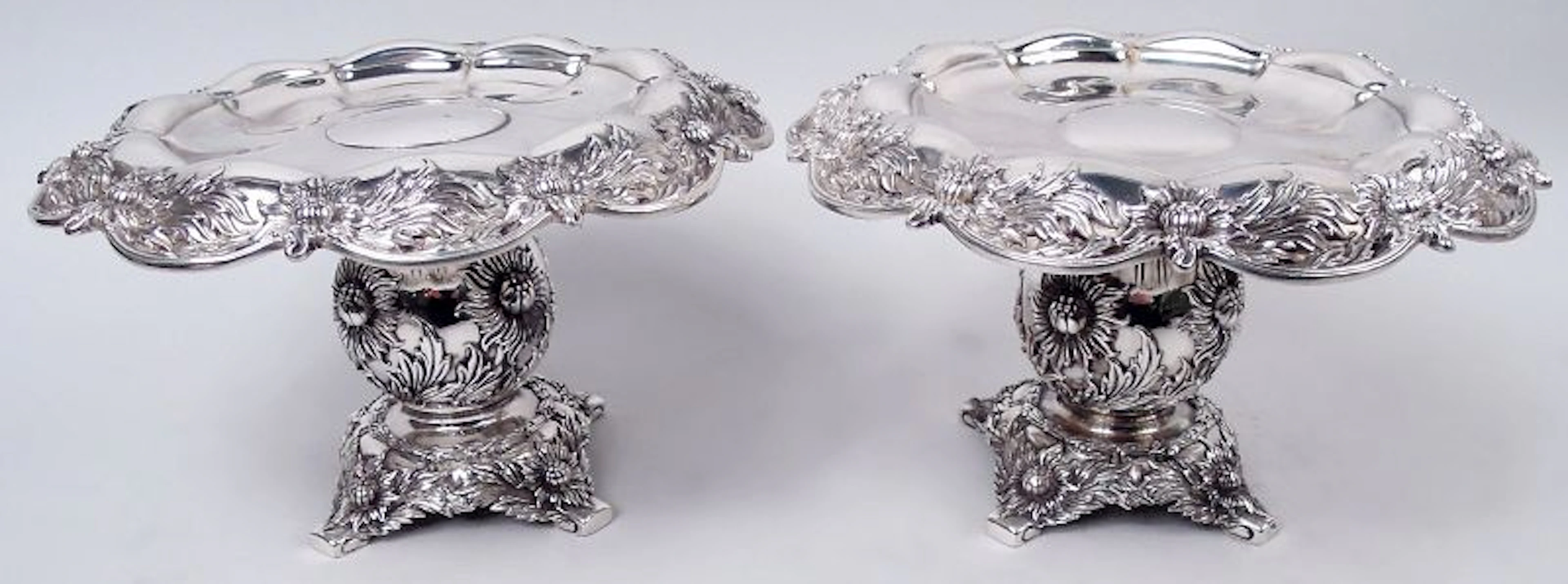 Pair of Antique Tiffany Chrysanthemum Sterling Silver Compotes