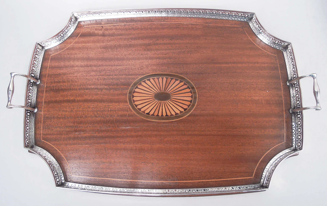 Tiffany Edwardian Regency Sterling Silver & Wood Marquetry Tray