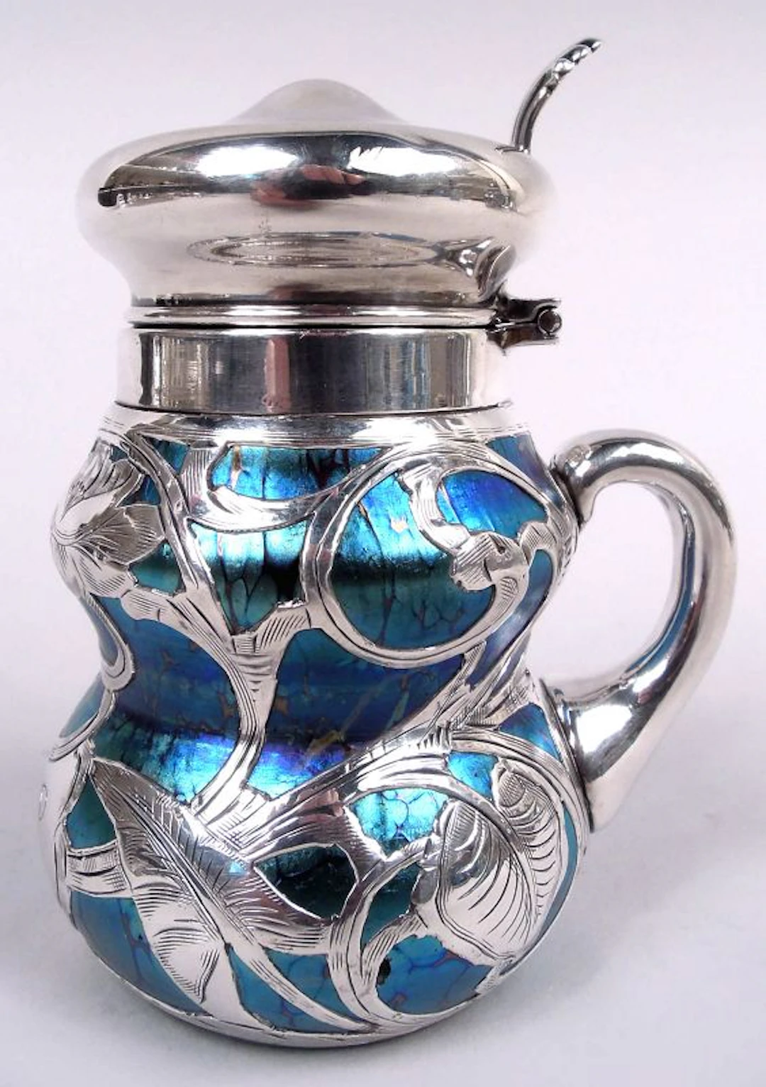 Antique Austrian Art Nouveau Iridescent Silver Overlay Mustard Pot