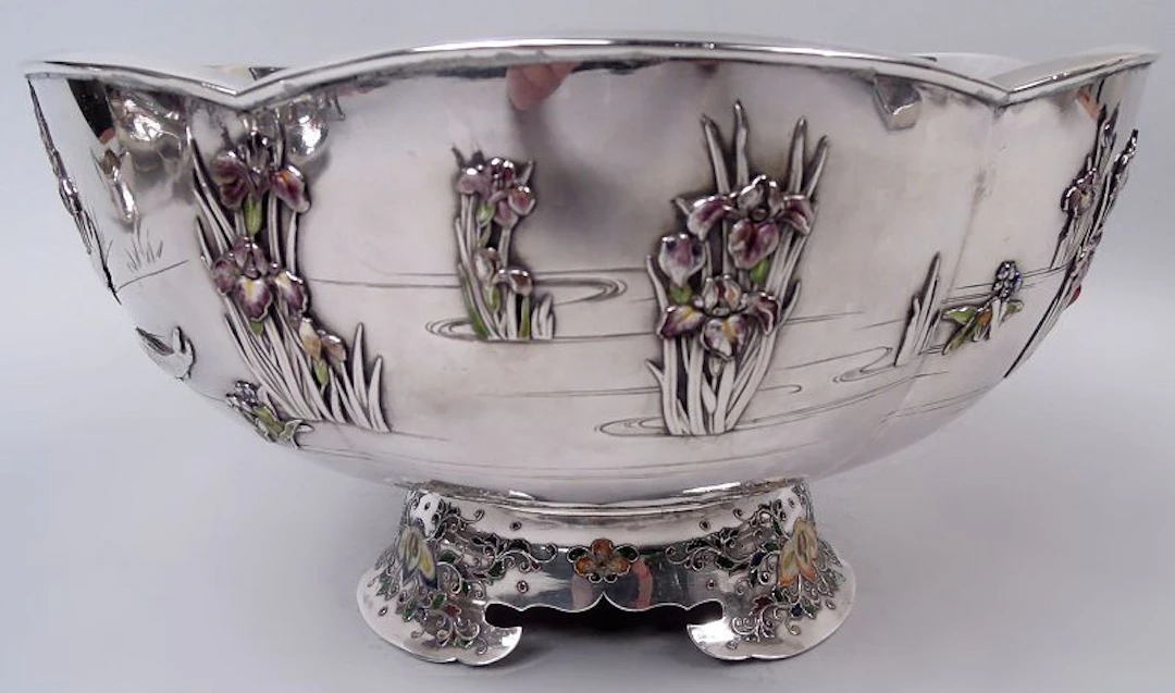 Japanese Meiji Enamel Centerpiece Bowl with Irises & Water Lilies