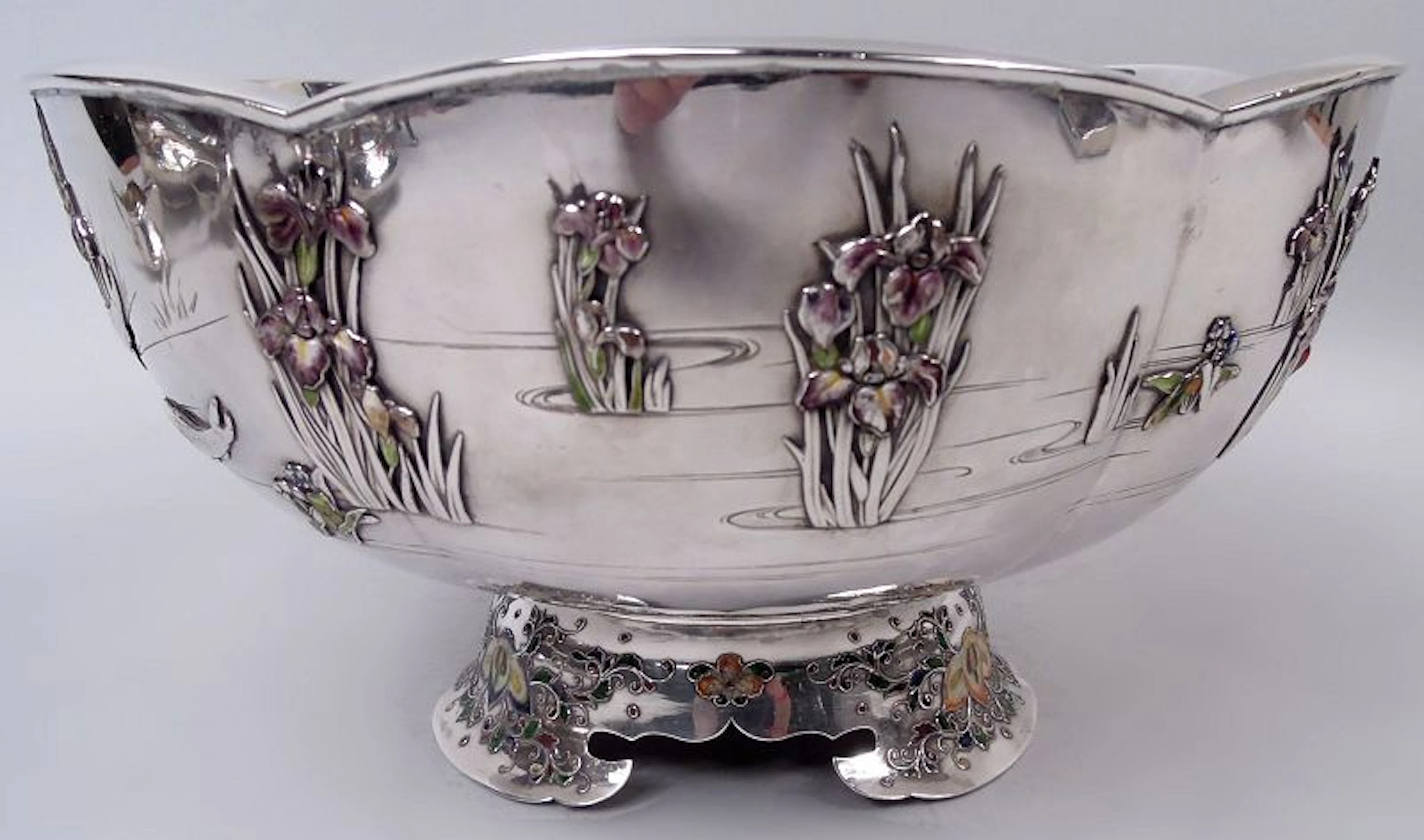Japanese Meiji Enamel Centerpiece Bowl with Irises & Water Lilies