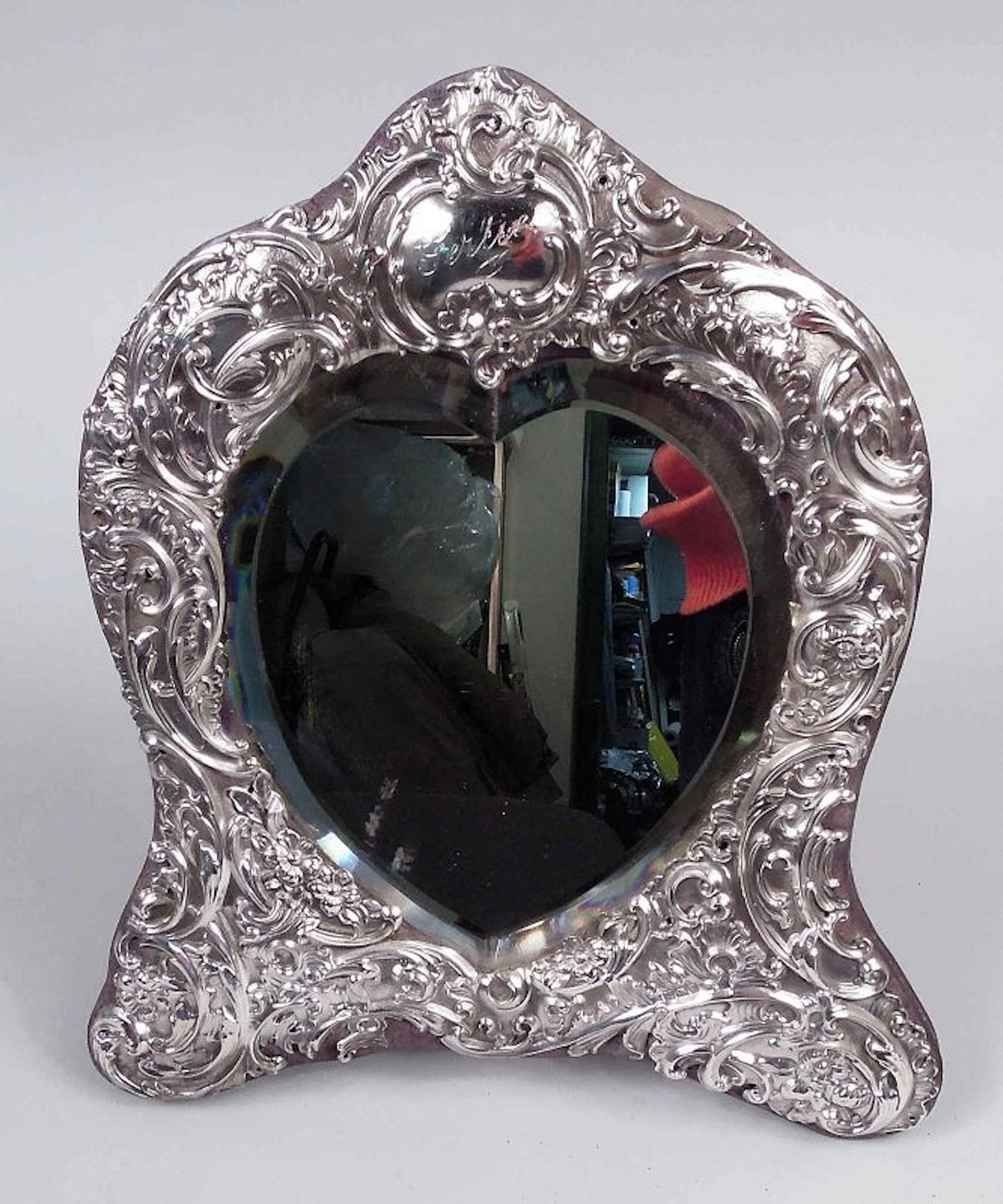Comyns English Edwardian Rococo Sterling Silver Heart Mirror 1907