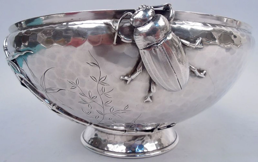 Whiting Japonesque Hand-Hammered Bowl Applied with Bamboo & Beetle Bug