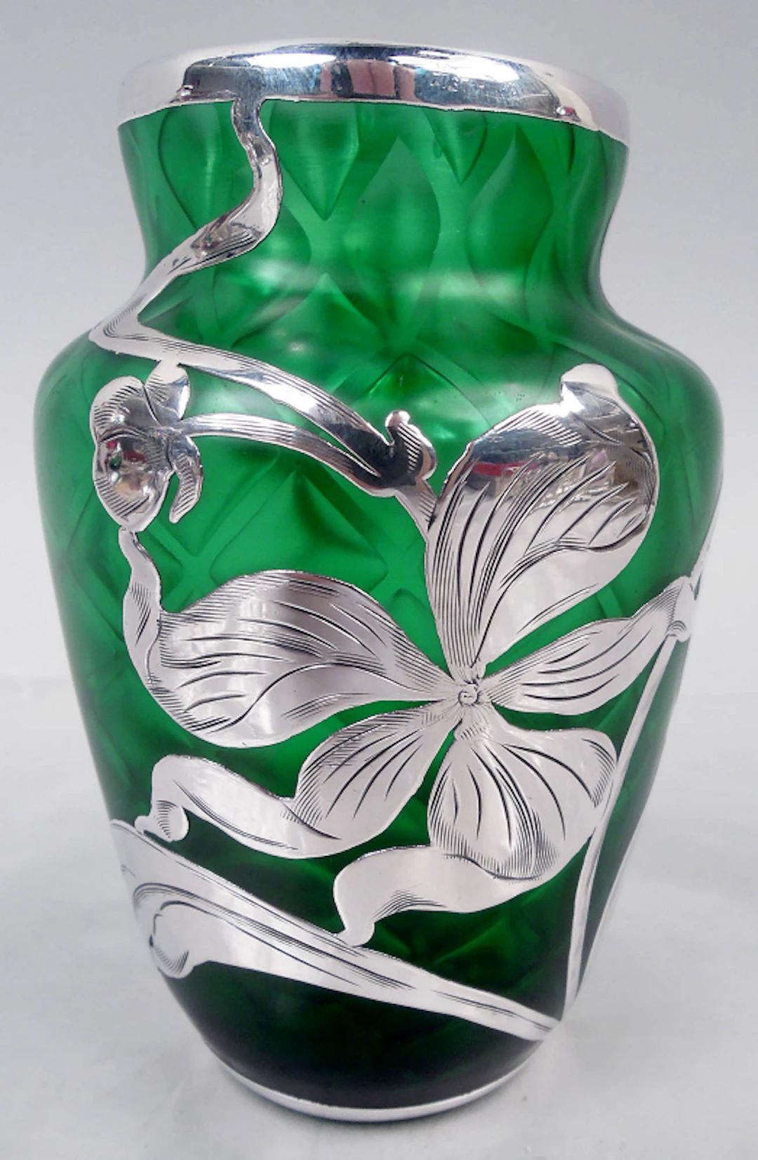 Antique Austrian Art Nouveau Quilted Green Silver Overlay Bud Vase
