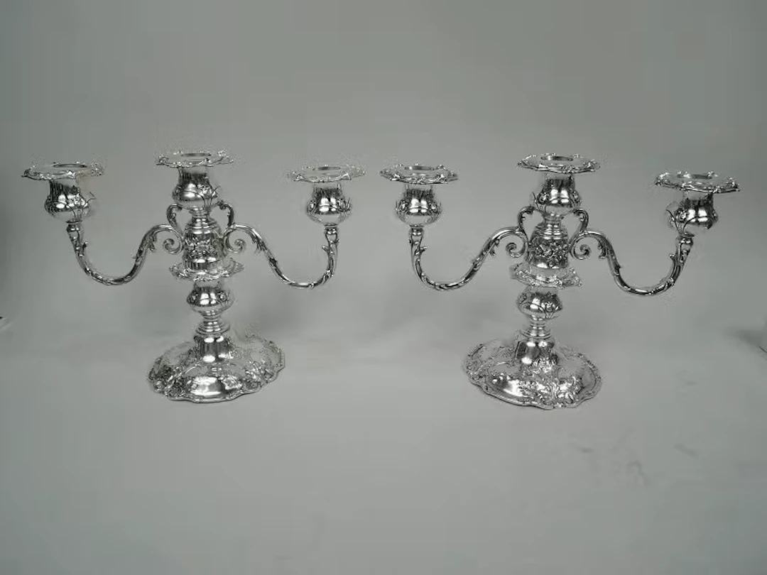 Pair of Reed & Barton Francis I Low 3-Light Candelabra 1950