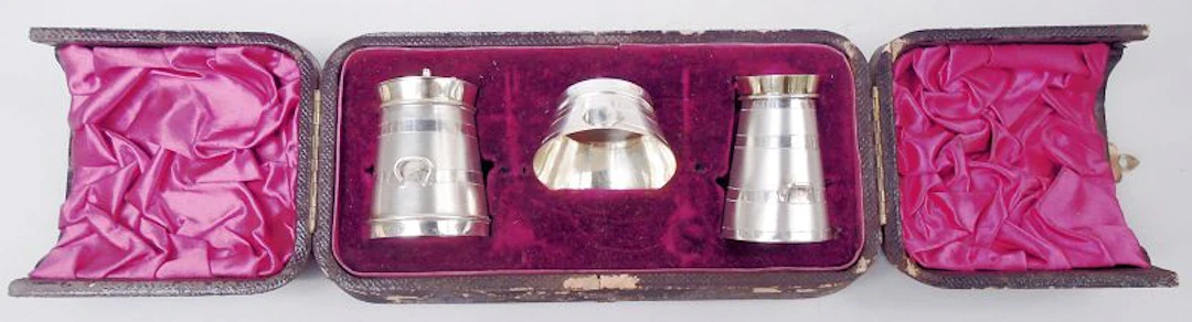 Antique English Victorian Silver Gilt Condiment Set in Case