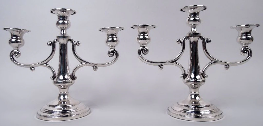 Pair of Midcentury Classical Sterling Silver 3-Light Candelabra