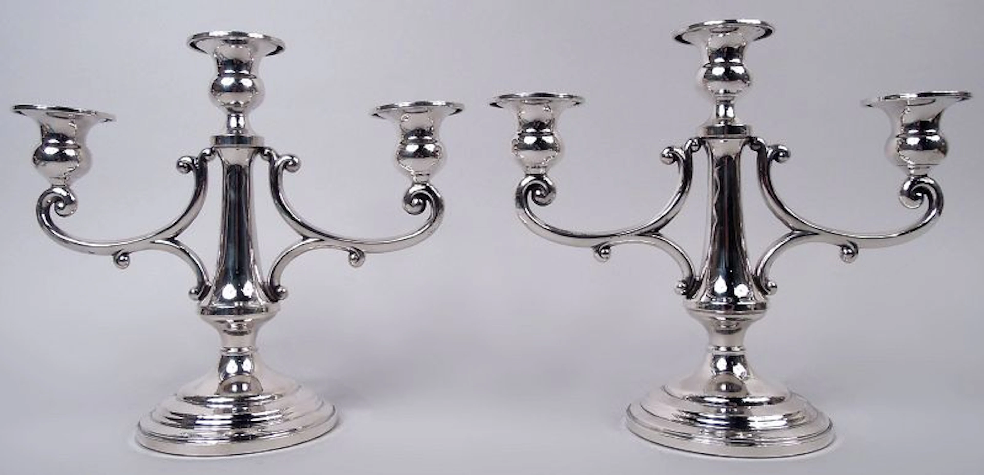 Pair of Midcentury Classical Sterling Silver 3-Light Candelabra