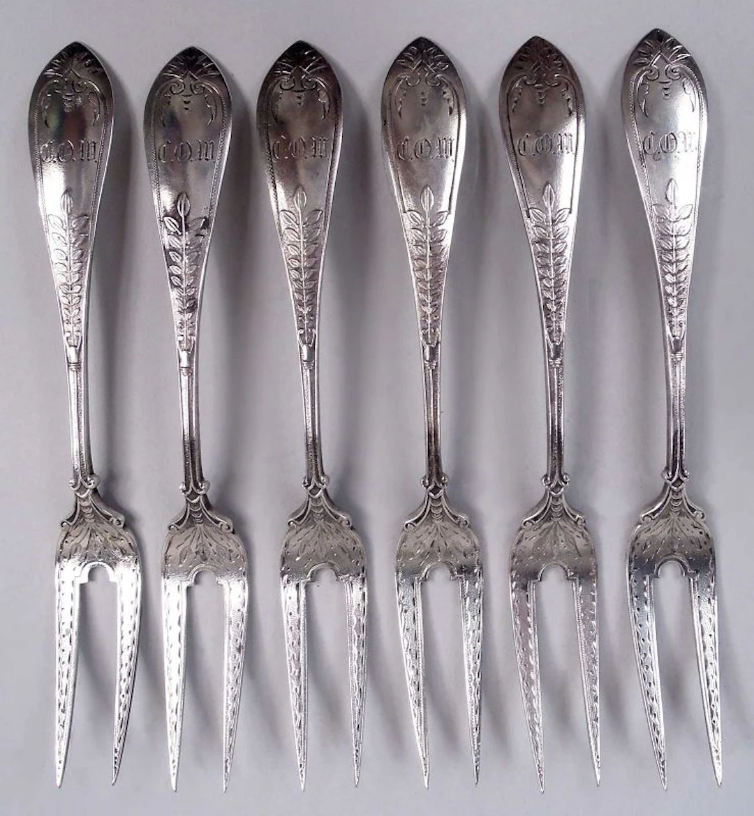 Gorham Sterling Silver Strawberry Forks in Aesthetic Palm Pattern