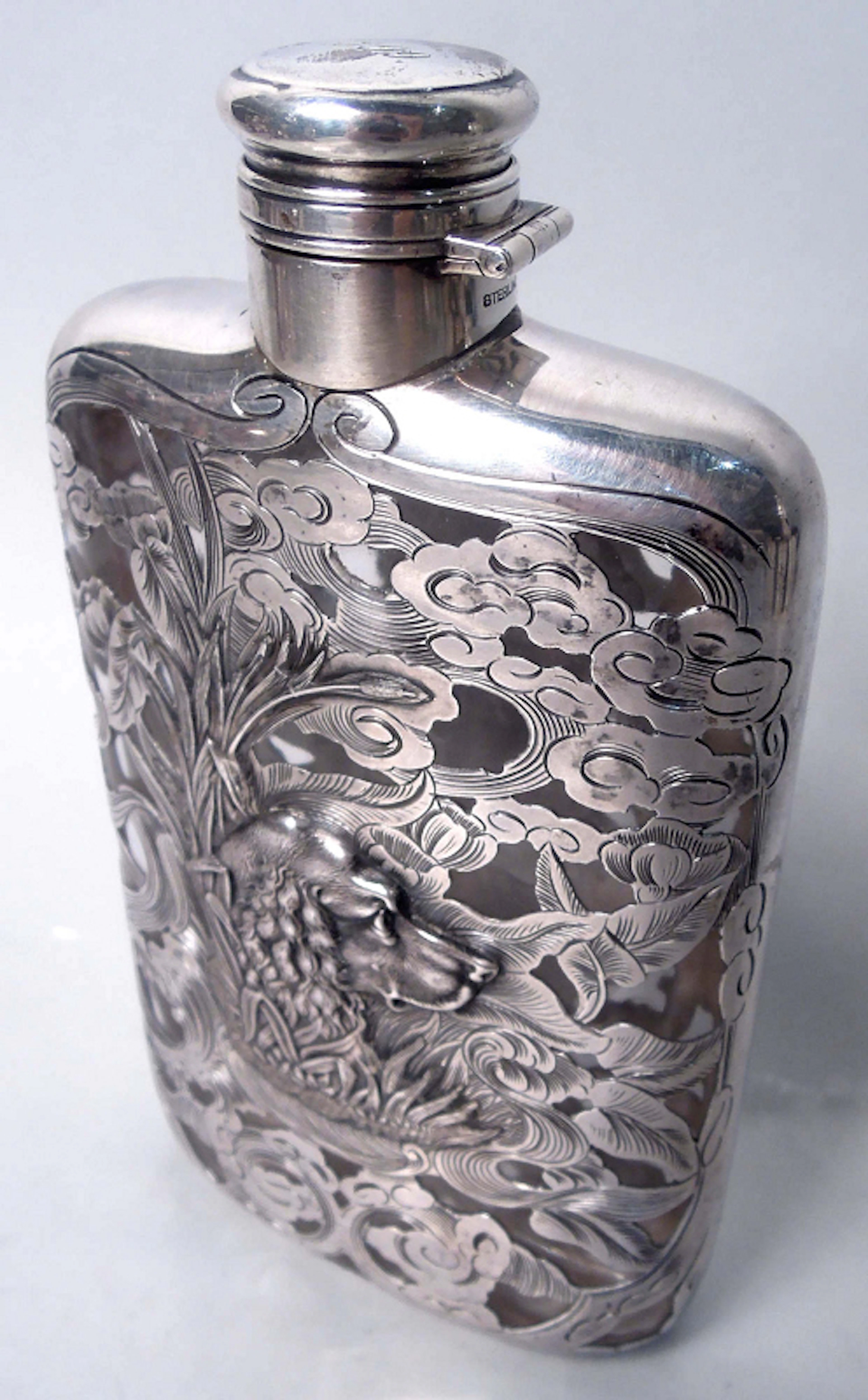 Antique Gorham Silver Overlay Flask with Pointer Dog & Duck