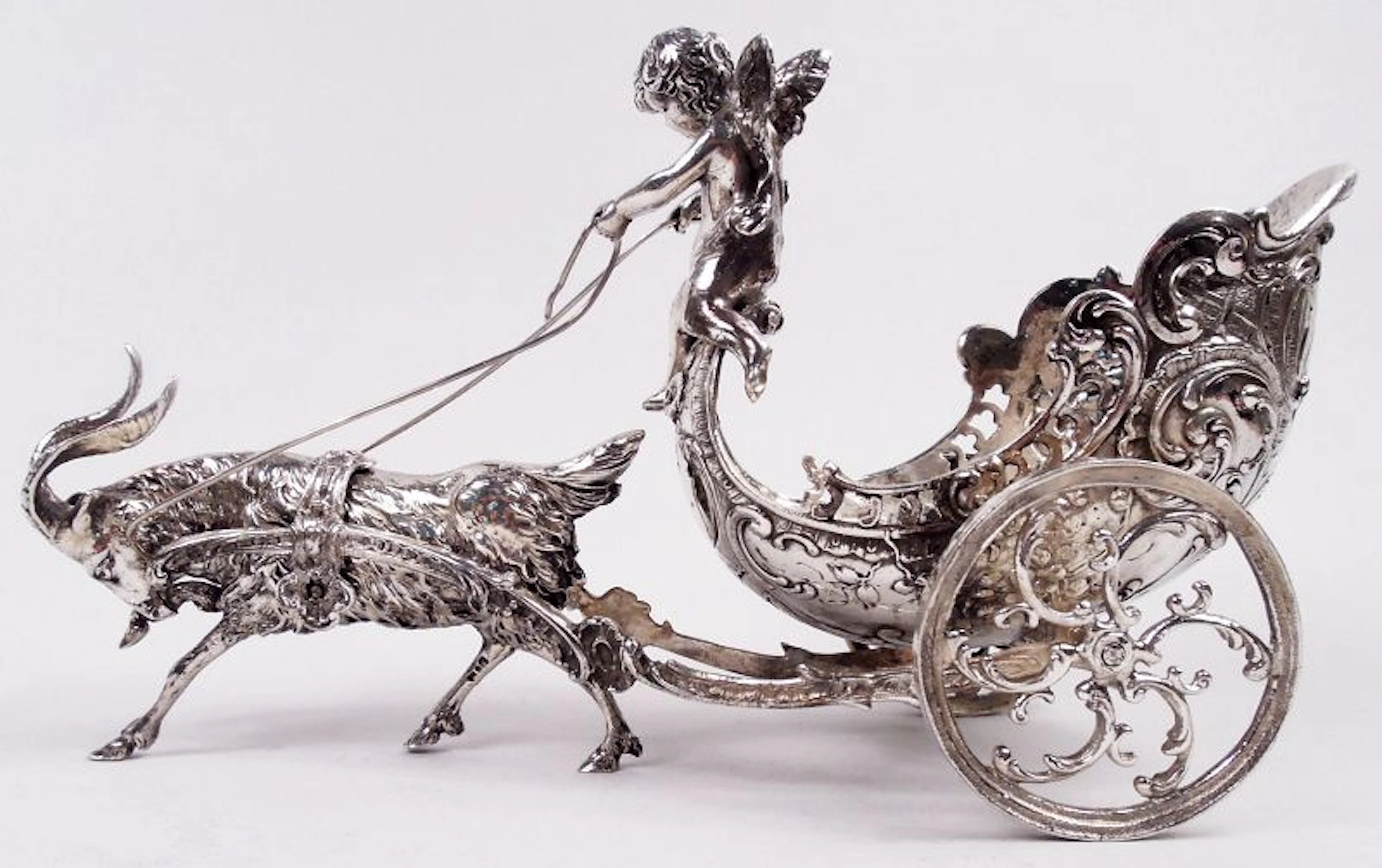 Antique German Silver Rococo Fantasy Goat-Harnessed Cupid Coach