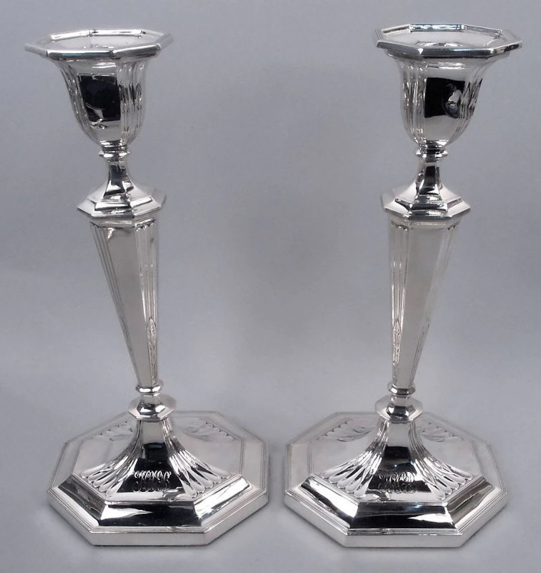 Pair of English Modern Neoclassical Sterling Silver Candlesticks 1925