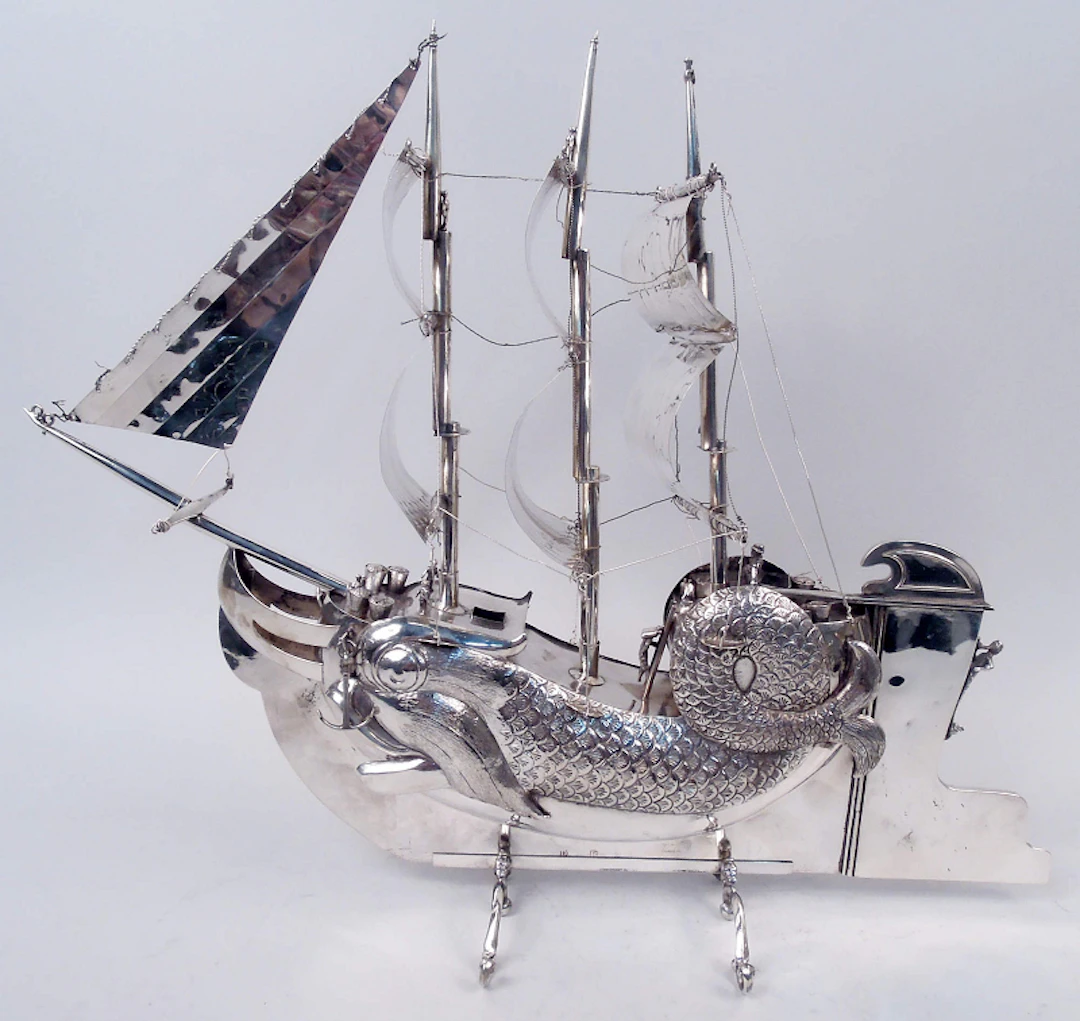 Antique Dutch Silver 3-Mast Dolphin Nef Centerpiece