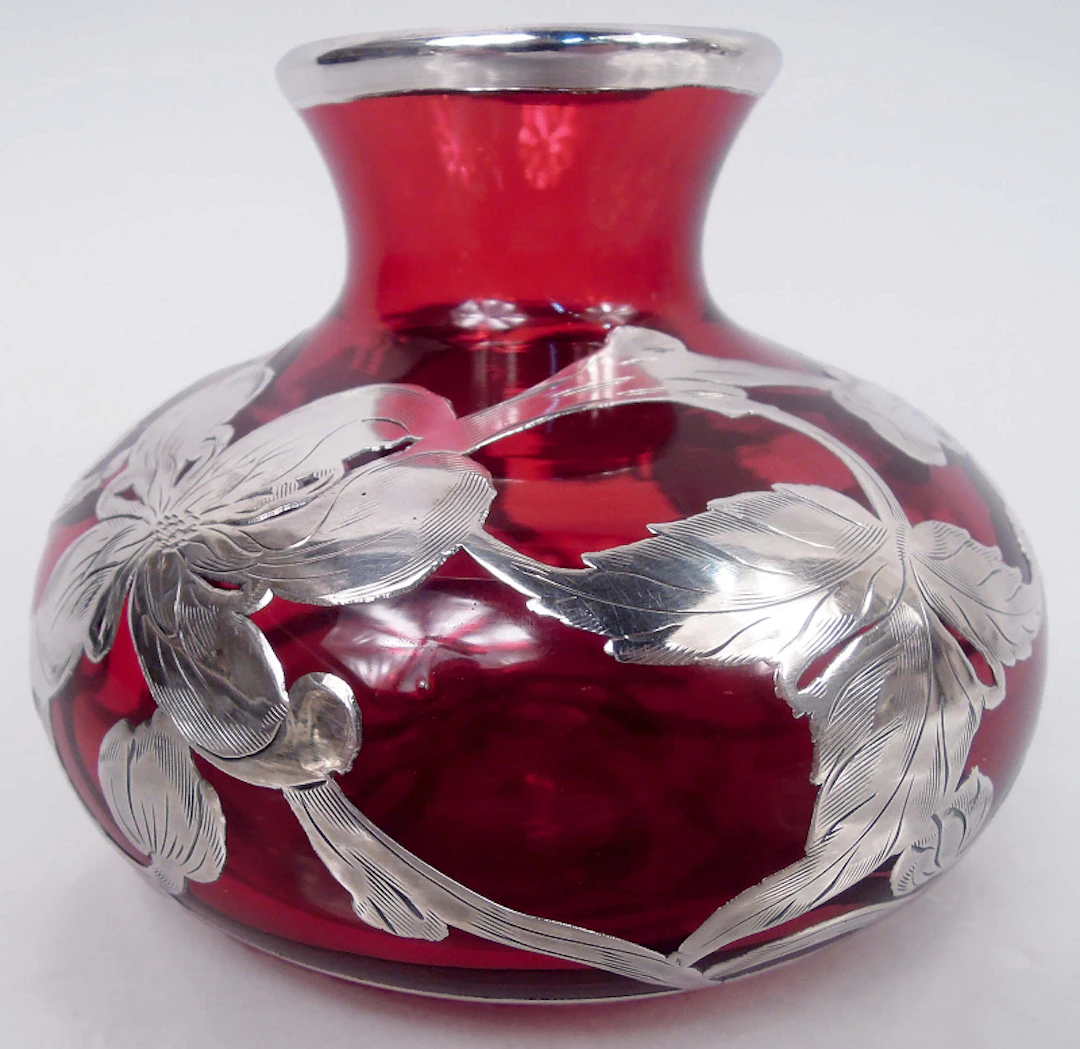 Antique American Art Nouveau Red Silver Overlay 3-Inch Bud Vase