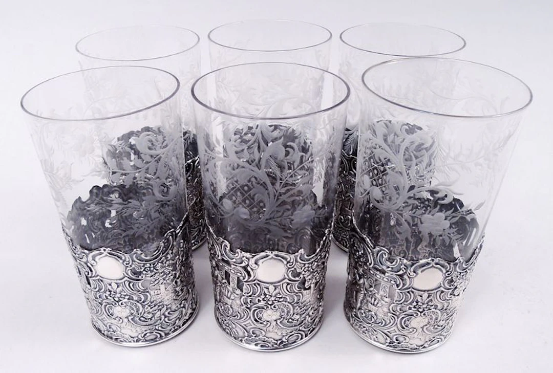 Set of 6 American Hanau-Style Sterling Silver Highball Holders