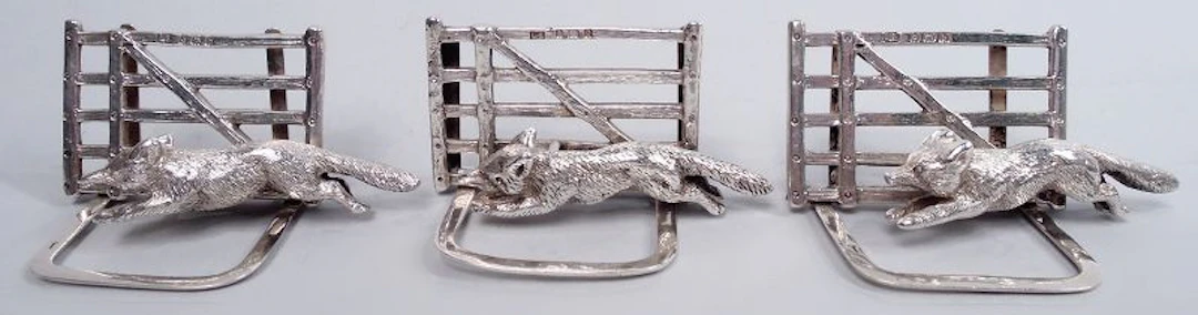 Set of 3 Antique English Edwardian Fox & Gate Place Card Holders