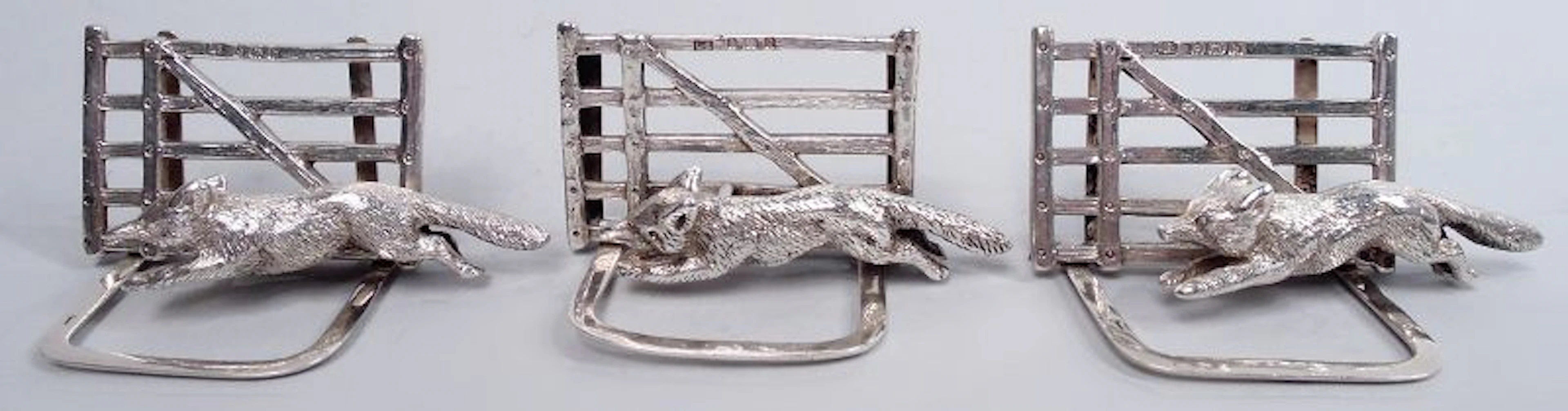 Set of 3 Antique English Edwardian Fox & Gate Place Card Holders