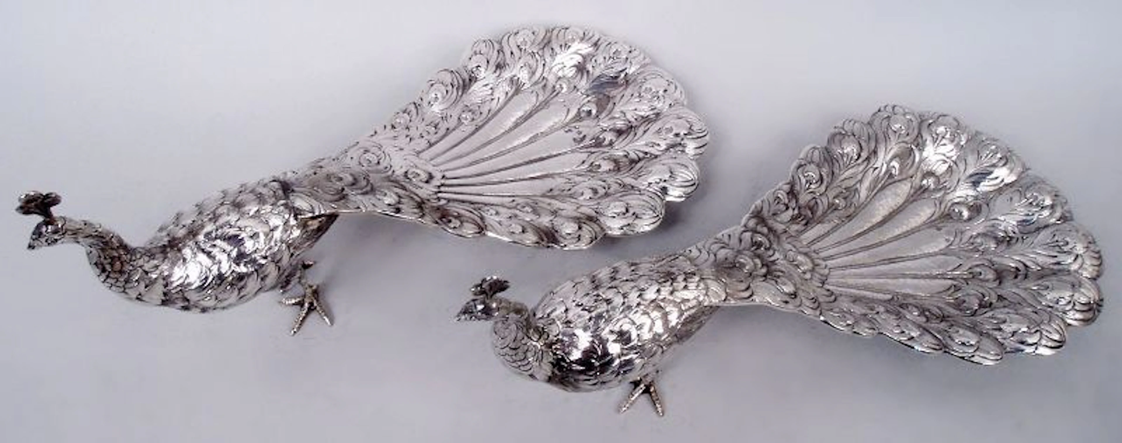 Pair of Antique German Hanau Silver Peacocks