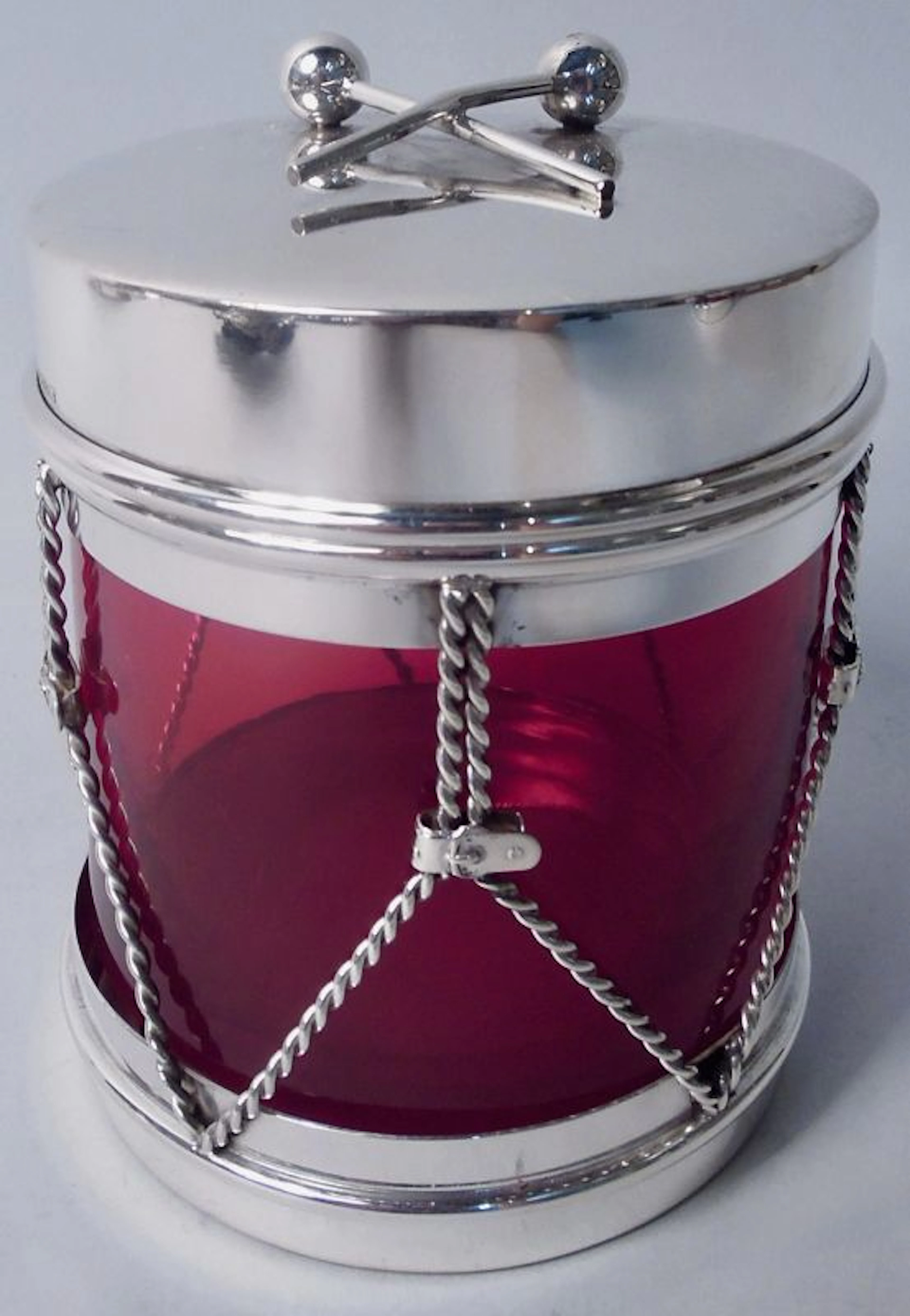 Cartier Midcentury Modern Red Glass & Sterling Silver Drum Jam Jar