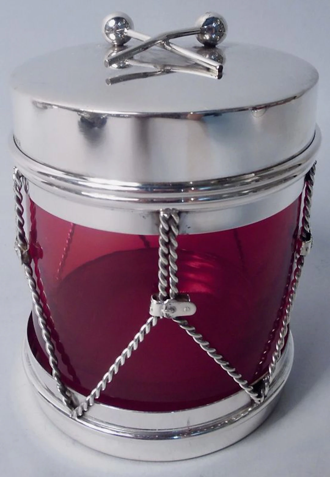 Cartier Midcentury Modern Red Glass & Sterling Silver Drum Jam Jar