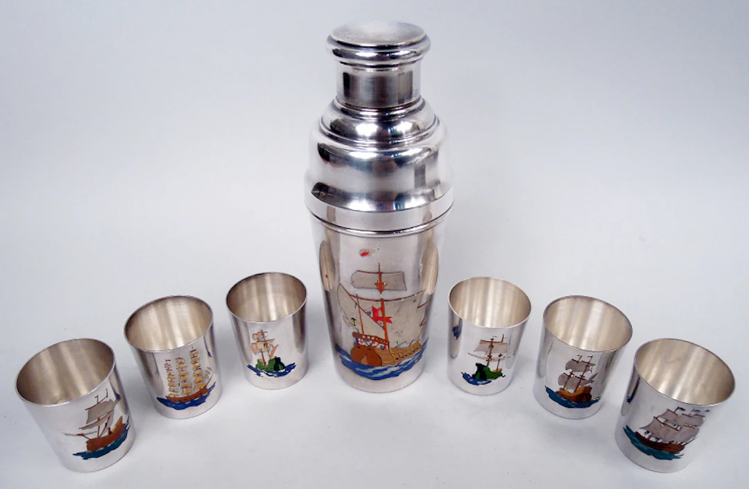 Booze Ahoy! French Silverplate Nautical Novelty Cocktail Shaker & Cups