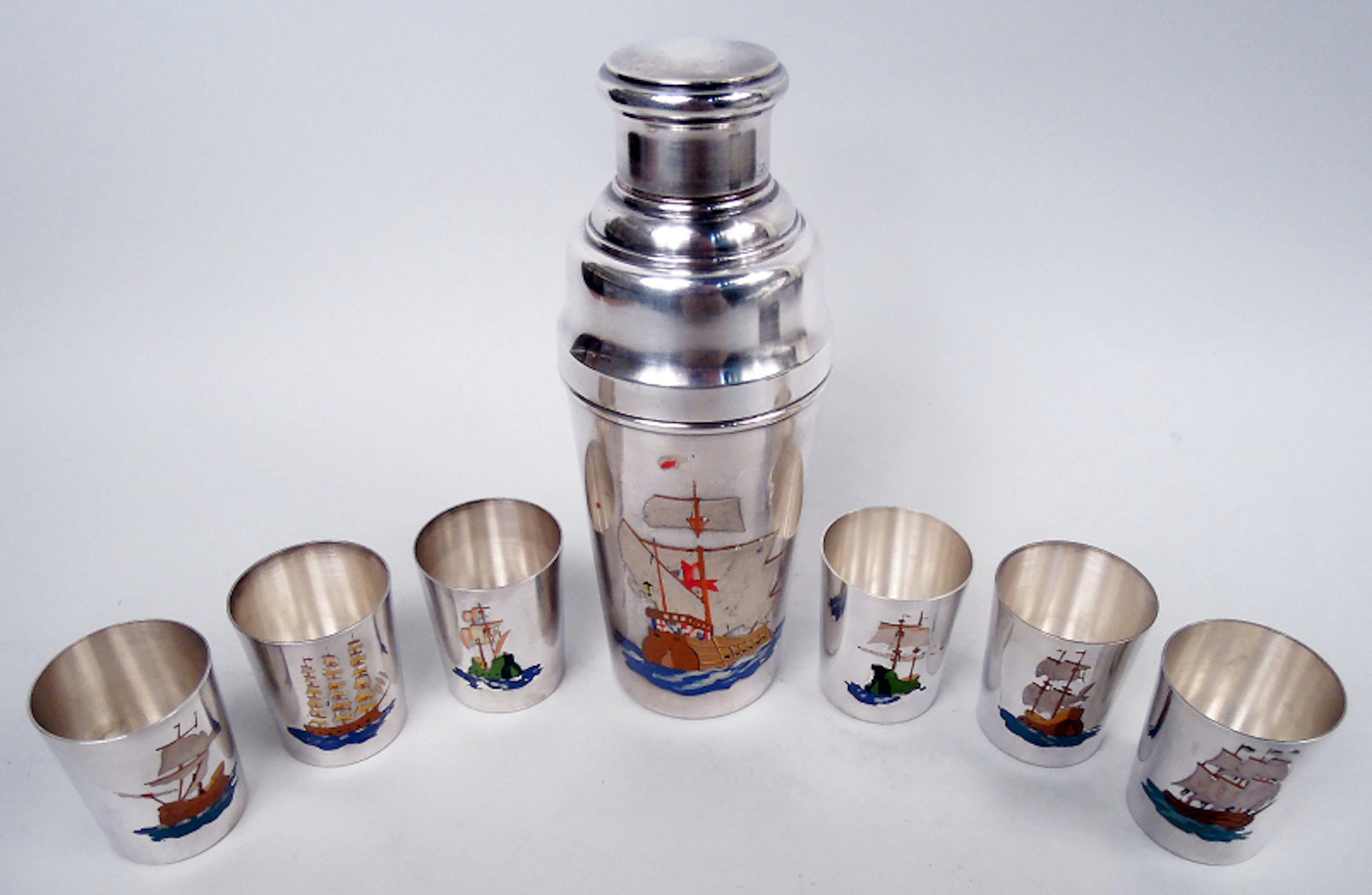 Booze Ahoy! French Silverplate Nautical Novelty Cocktail Shaker & Cups