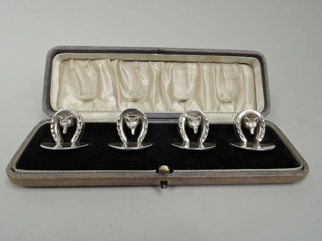 Set of 4 Antique Asprey English Edwardian Fox Hunt Place Card Holders