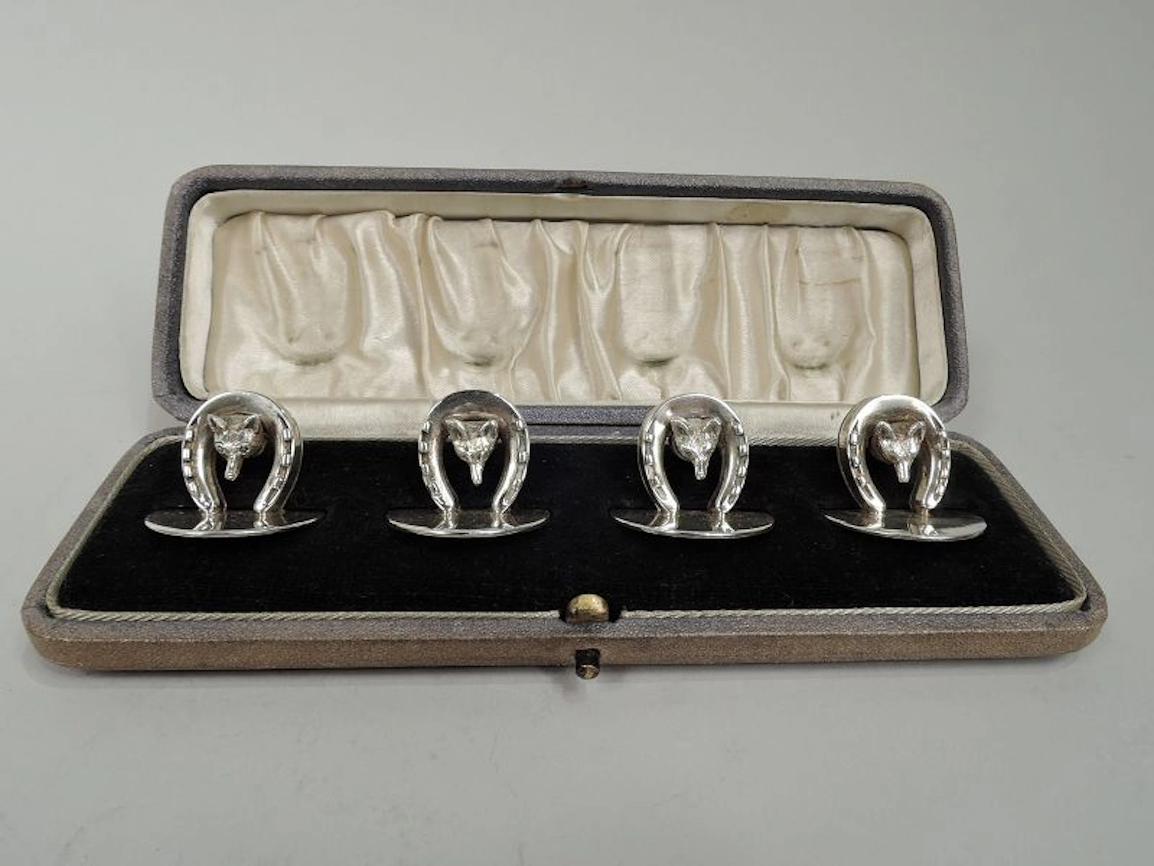 Set of 4 Antique Asprey English Edwardian Fox Hunt Place Card Holders